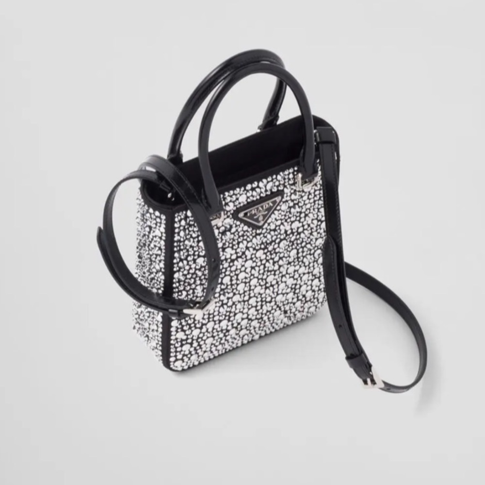 PRADA AUTH CRYSTAL & SATIN TOTE W/LEATHER HANDLES & DETACHABLE STRAP FLAWLESS - Picture 4 of 11